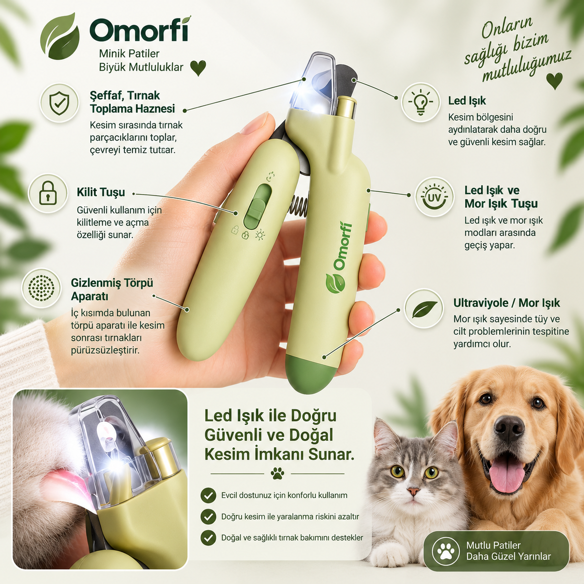 Omorfi 4'ü 1 Arada LED & UV Pet Tırnak Makası – Hazneli & Törpülü