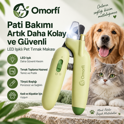 Omorfi 4'ü 1 Arada LED & UV Pet Tırnak Makası – Hazneli & Törpülü