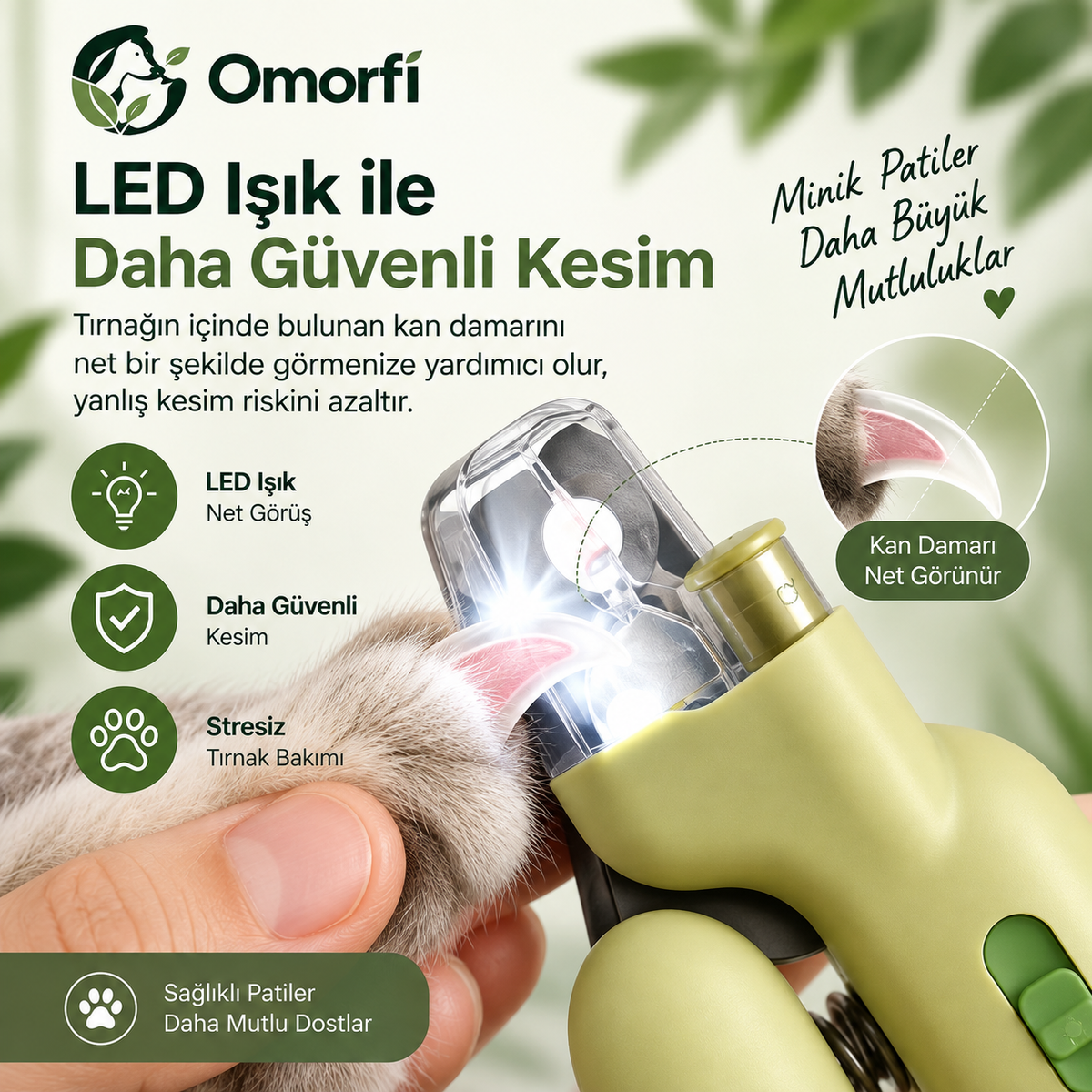 Omorfi 4'ü 1 Arada LED & UV Pet Tırnak Makası – Hazneli & Törpülü