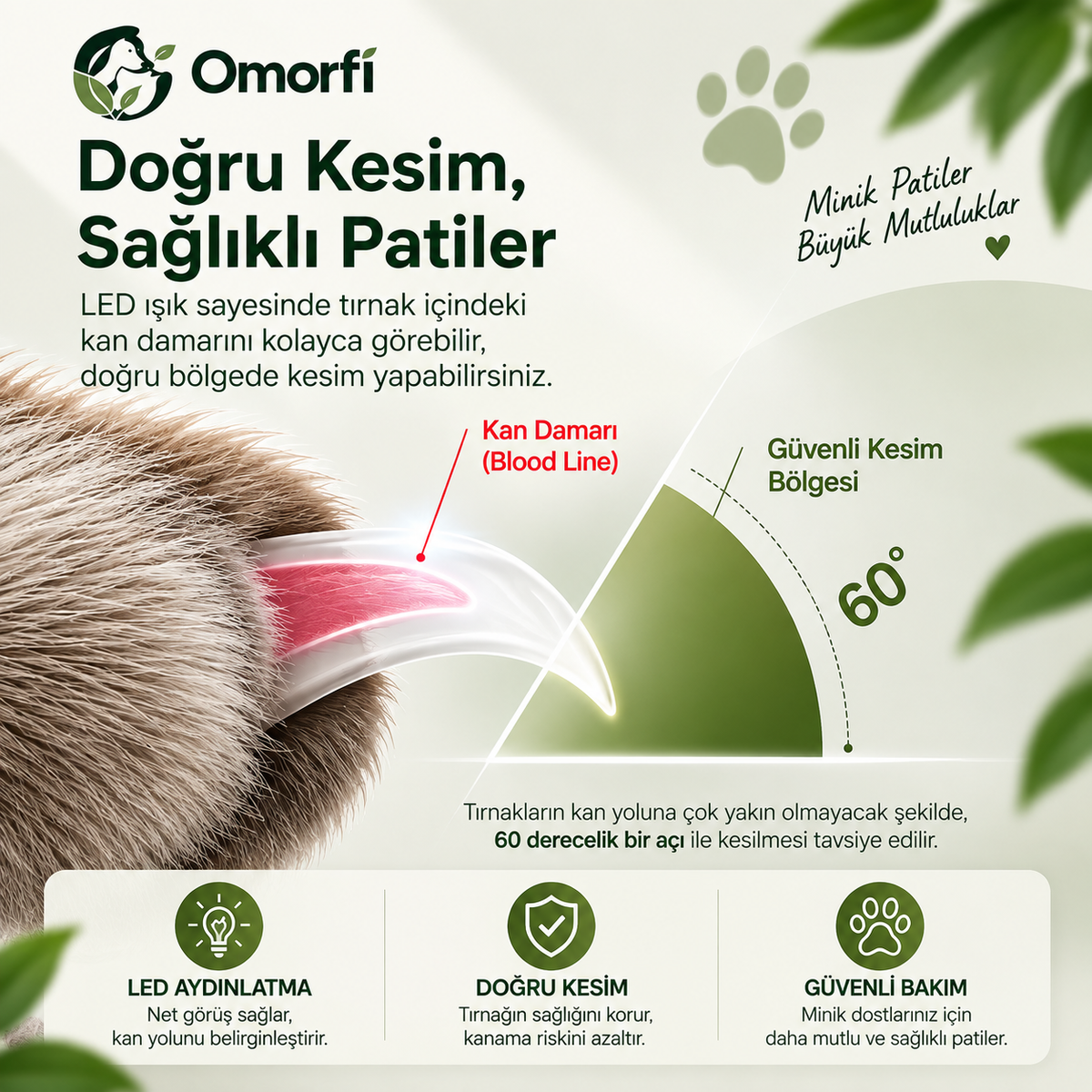 Omorfi 4'ü 1 Arada LED & UV Pet Tırnak Makası – Hazneli & Törpülü