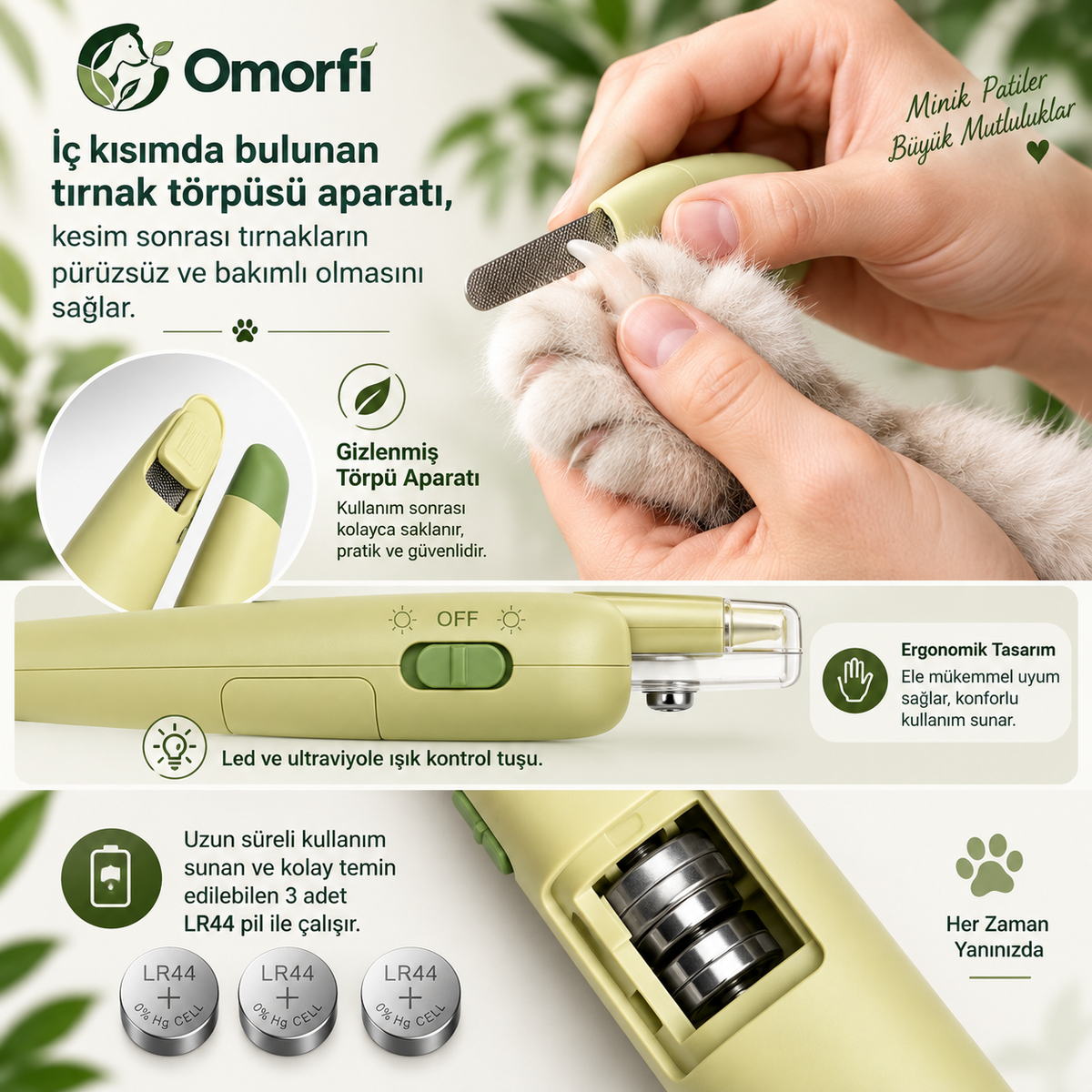 Omorfi 4'ü 1 Arada LED & UV Pet Tırnak Makası – Hazneli & Törpülü