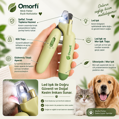 Omorfi 4'ü 1 Arada LED & UV Pet Tırnak Makası – Hazneli & Törpülü